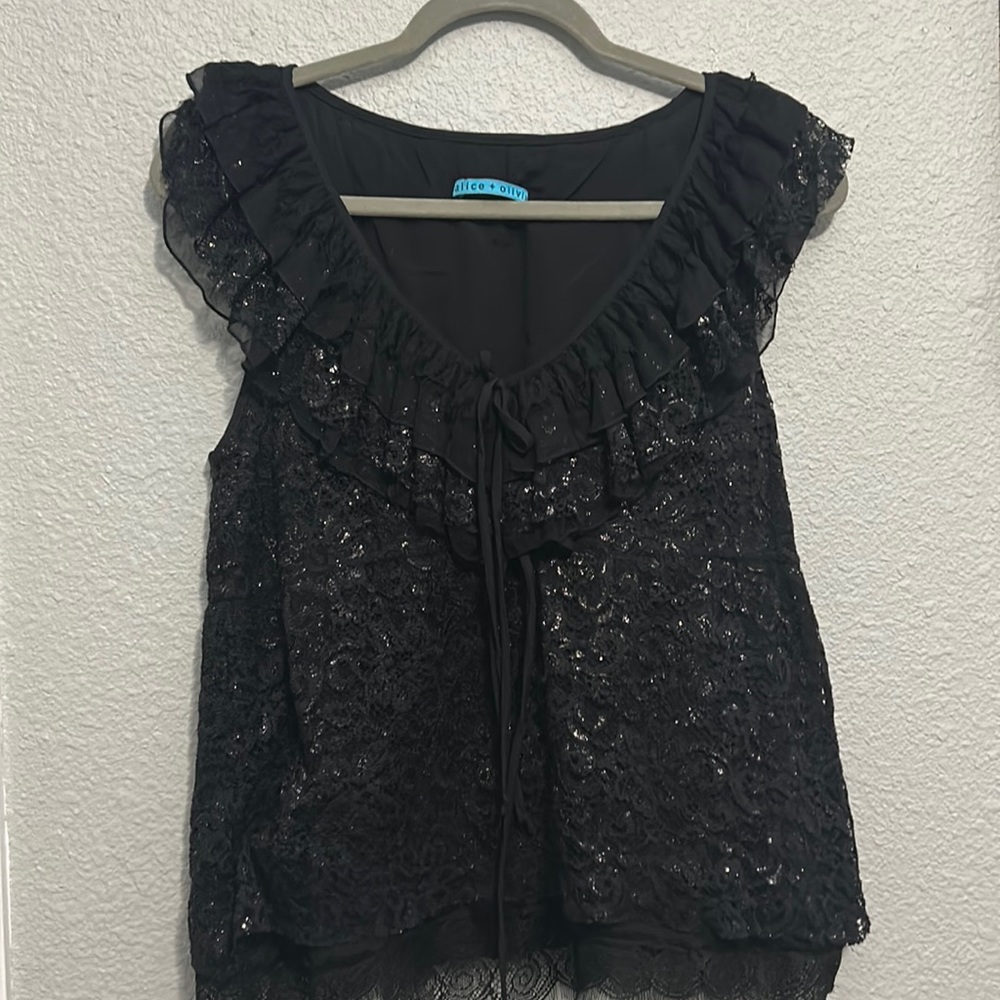 Alice + Olivia black sleeves top S metallic throughout with ruffles and bow
